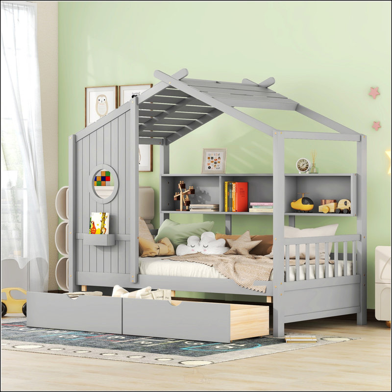  Lit double pleine grandeur avec 2 tiroirs, Gris, Lit simple