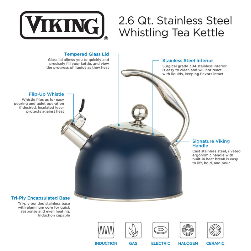 Viking 2.6 Qt. Stainless Steel Kettle with 3-Ply Base, Slate Blue