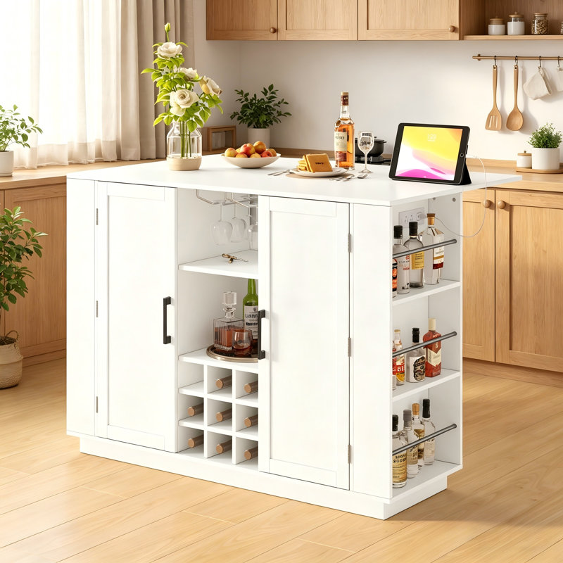 U-Shaped Multi-Functional Sideboard Storage Cabinet, With Built-In Power Outlet And Wine Rack/Glass Holder, But No Chair.