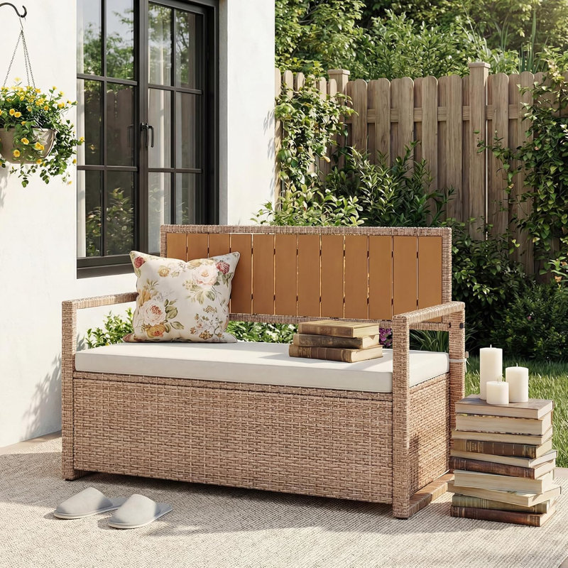Outdoor Storage Bench with Cushion, 2-Seater PE Rattan Storage Box with Backrest & Armrests, 75 Gallon, Yellow