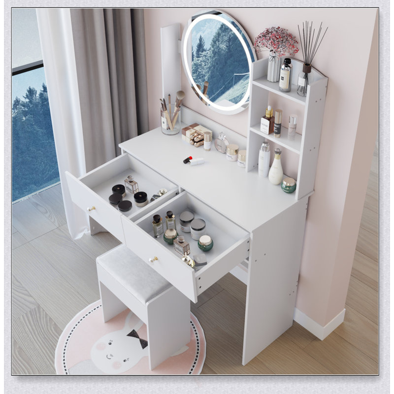 Ensemble de coiffeuse à miroir rond de 17 pouces à DEL avec tabouret à coussin moelleux, luminosité réglable, rangement multicouche, idéal pour les petits espaces