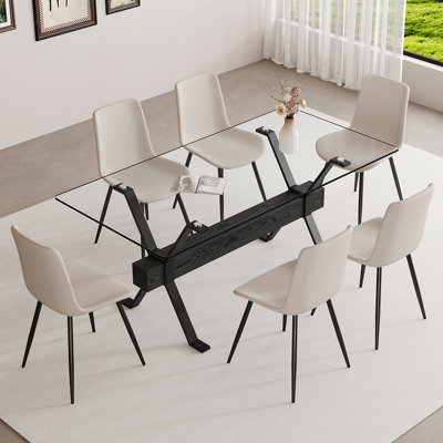 Ensemble de table de salle à manger 6 personnes, table de salle à manger en verre trempé et chaises confortables pour la cuisine ou la salle à manger