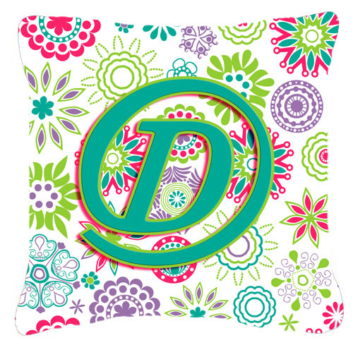 Monogramme initiale fleurs intérieur/extérieur Throw Pillow, D, 14" H x 14" L x 4" D