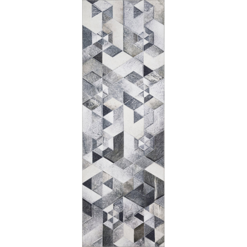 Tapis gris à motif géométrique Rogers, Tapis de couloir 2 pi 6 po x 7 pi 6 po