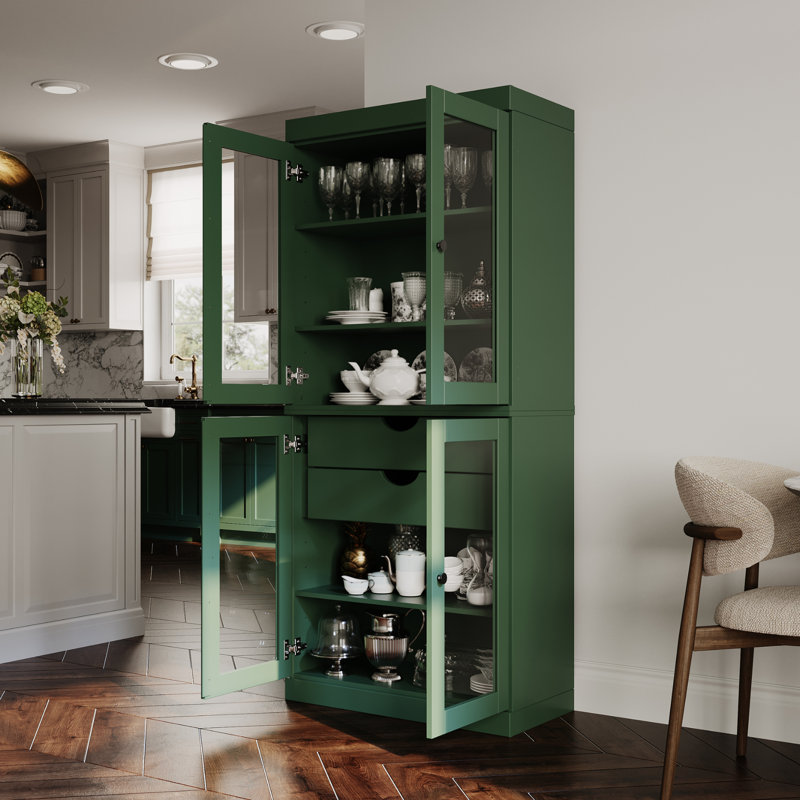 Garde-manger 100% bois massif Kaniesha 32 po avec portes en verre transparent, 2 tiroirs et tablettes réglables, Vert