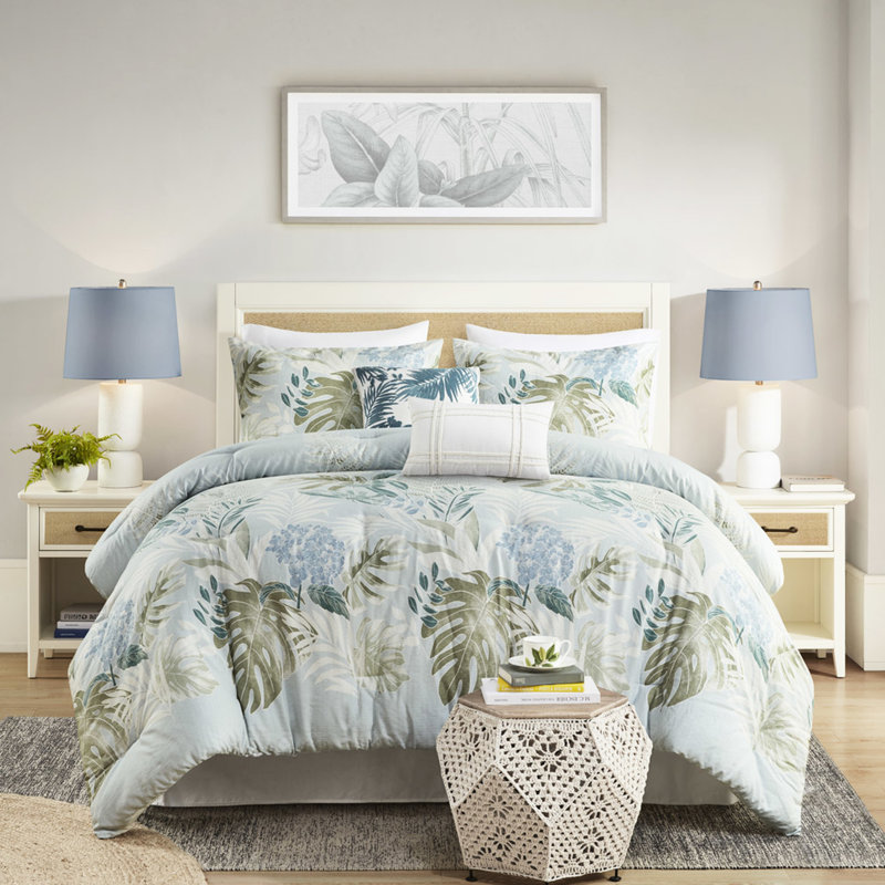 Blue King Bedding, 100% Cotton, Decorative Pillow, Easy Care Comforter 6 Piece Cotton , King, Stunning Tropical Print, Embroidered Pillows,