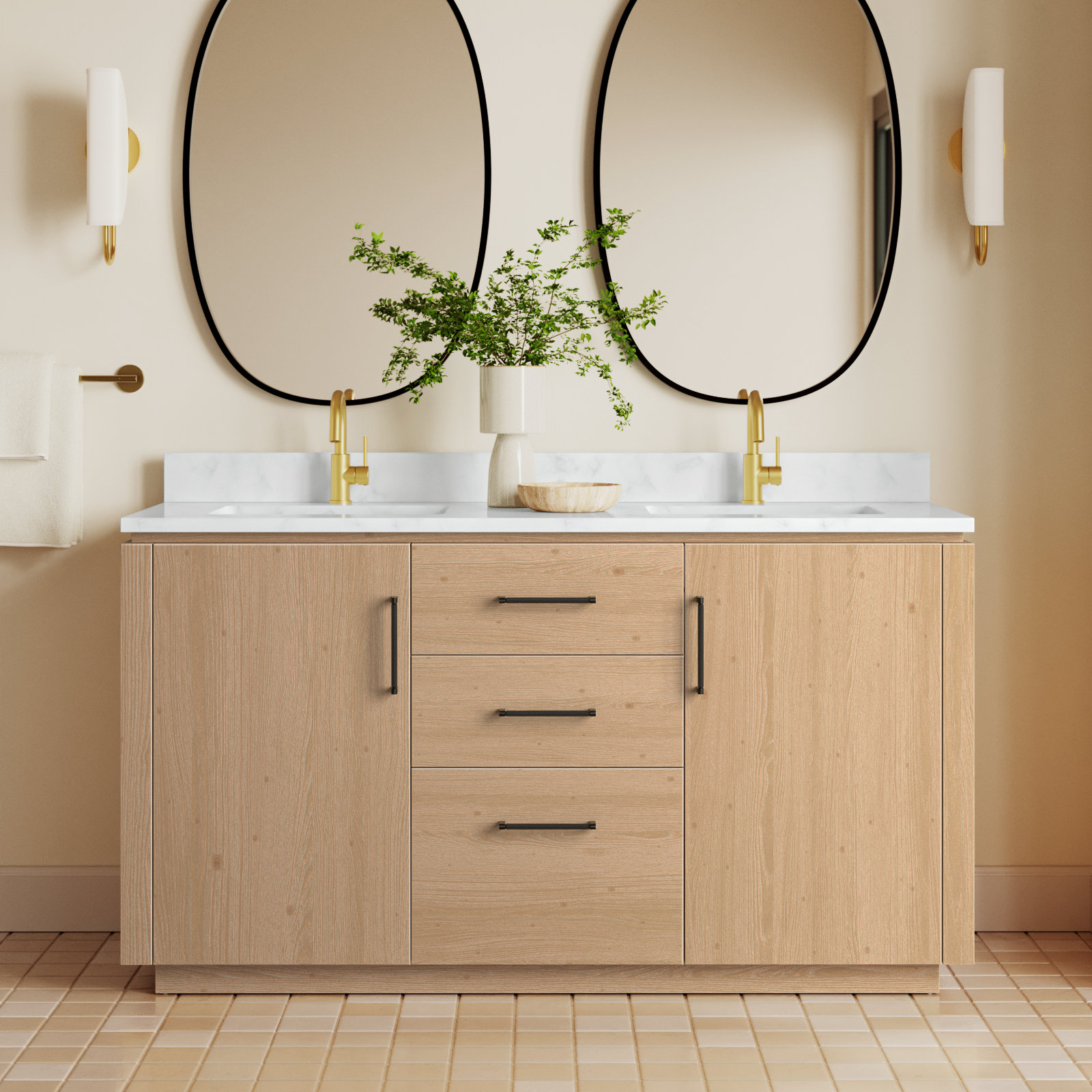 Cloverfield 60'' Double Bathroom Vanity, Fir Wood Brown, Matte Black