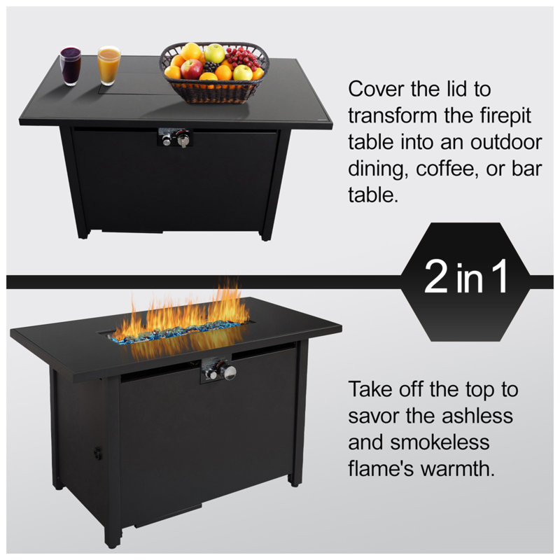 25" H X 42" W Steel Outdoor Fire Pit Table With Lid, Propane