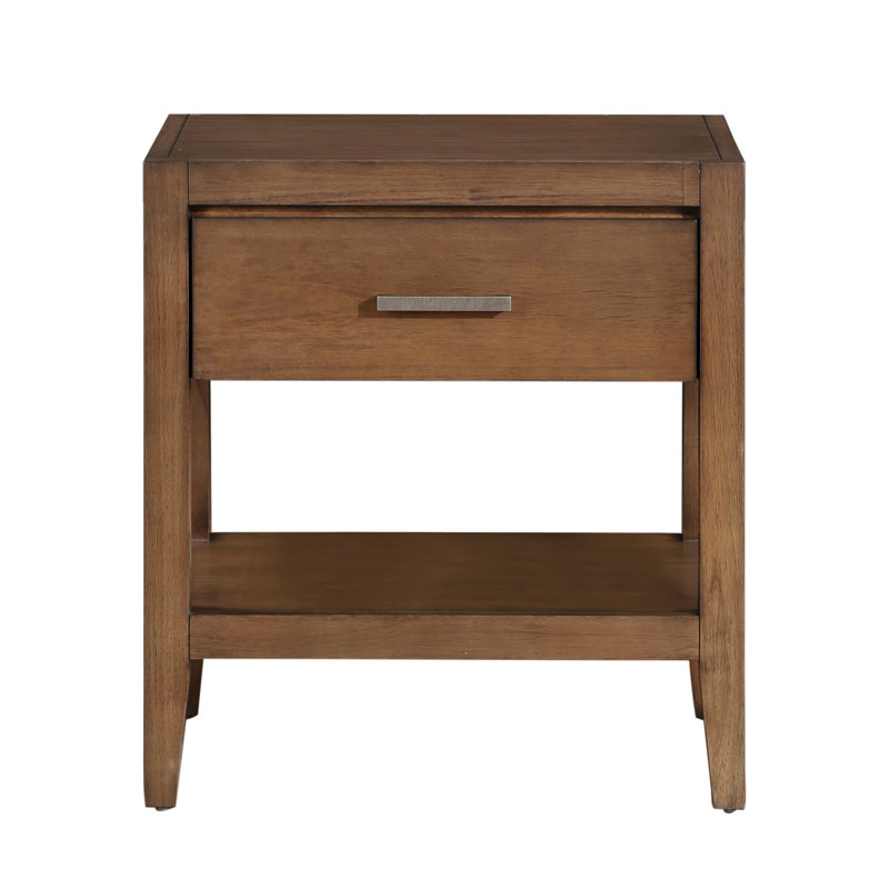 Table de chevet transitionnelle 1pc avec tiroir et tablette ouverte brun clair