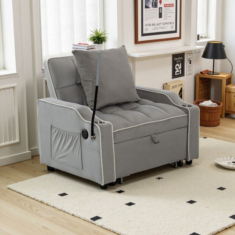 Canapé-lit convertible 3-en-1 en velours avec fauteuil inclinable réglable, ports USB et support pour téléphone, Gris