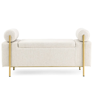 Upholstered Linen Storage Bench In Beige With Cylindrical Arms And Strong Iron Leg System For Living Room Bedroom Hallway Reliable Setup