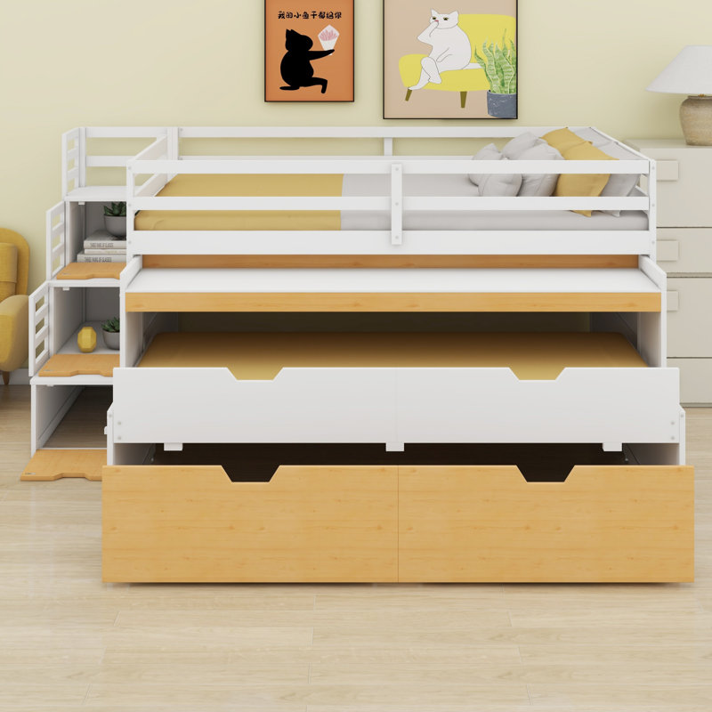 Lit mezzanine fonctionnel avec lit gigogne, bureau coulissant et tiroirs de rangement, Double XL, Blanc + couleur bois