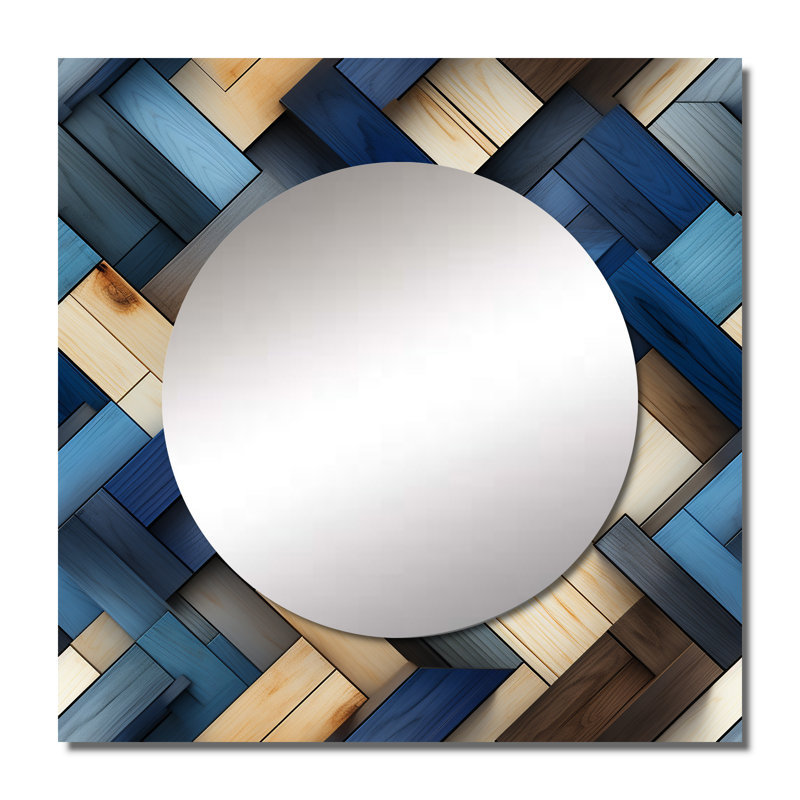 Beige et bleu à rayures symétriques - grand miroir carré moderne pour décoration murale, 36 po x 36 po