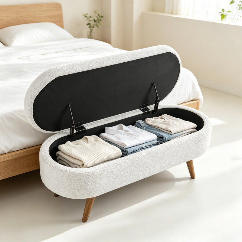 Banc de rangement ovale avec repose-pieds en bois d'hévéa, Lin blanc Fbaric