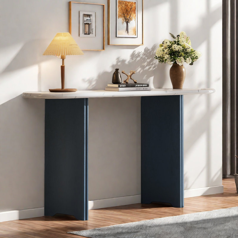 Narrow Console Table With Oval Marble Top, Curved Legs And Triangular-designed Base, Navy