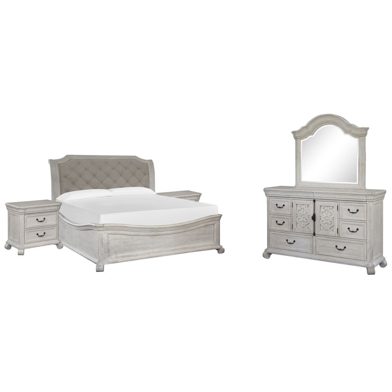 Grand lit-bateau Insa 2 tables de chevet et commode avec miroir