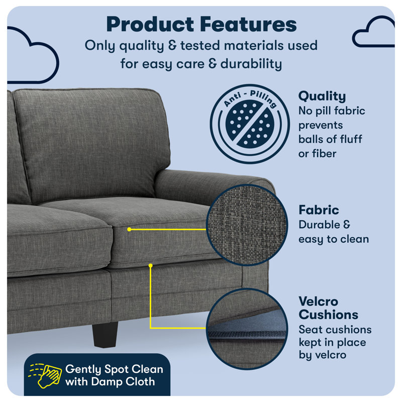 Serta Copenhagen 61" Rolled Arm Sofa, Easy Care Fabric, Soft Pillow Back, Pocket Coil Seat Cushions