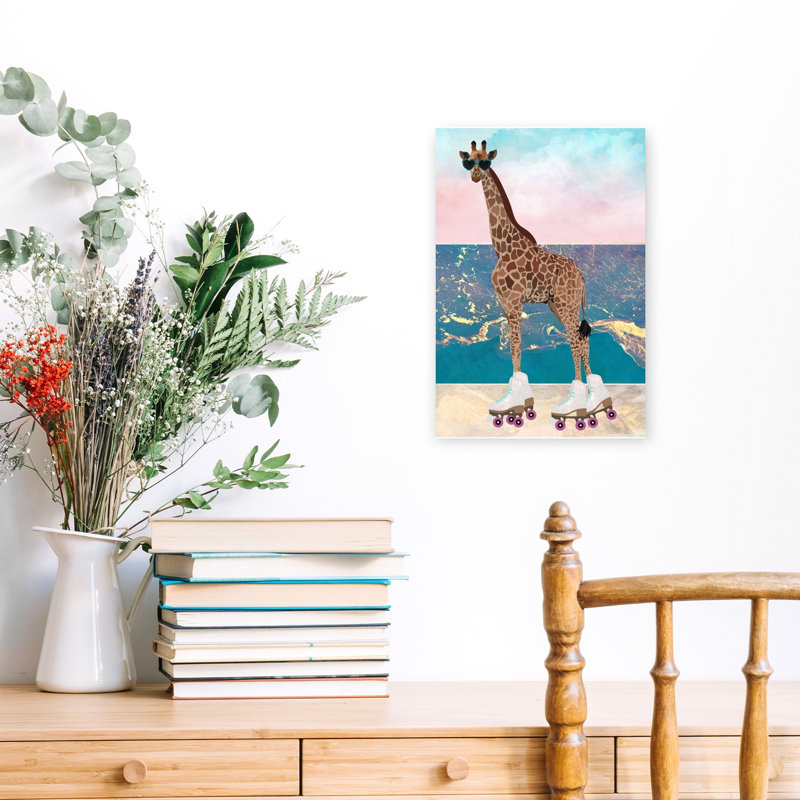 Cool Giraffe Roller Skates Playful Retro Whimsical Giraffe Beach Ocean Wall Art Print by Sarah Manovski - Wrapped Canvas Print