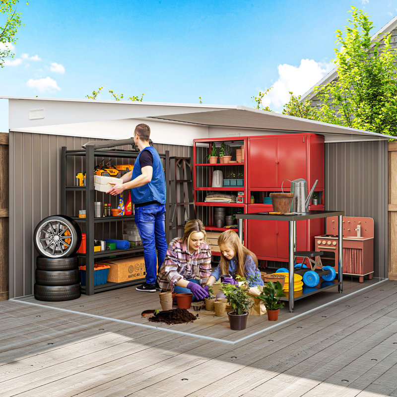 Aamilah 11.3 x 9.2ft Lean to Metal Garden Shed Waterproof Outdoor Grey