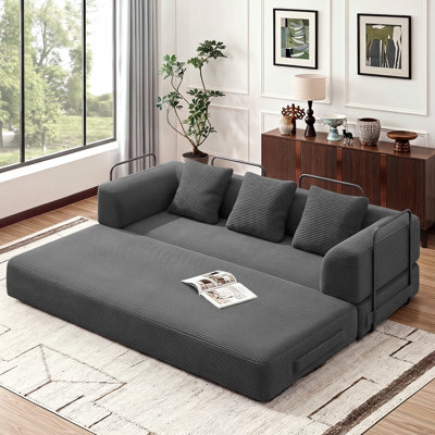 89" King Size Compression Convertibl Sleeper Sofa Bed with 3 Pillows, Corduroy Folding Mattress Couch Removable and Washable Sofa for Living Room