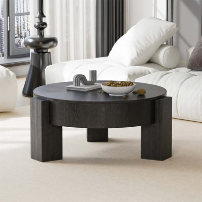 Table basse ronde de 33 po avec rangement dissimulé, plateau moderne en placage de bois Wabi-Sabi, table d'appoint robuste à 3 pieds pour les petits espaces