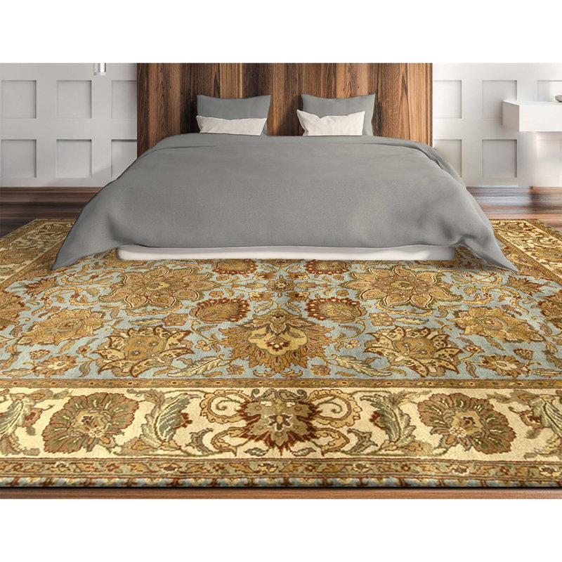 Hand Knotted Wool Oriental Area Rug in Light Blue And Ivory