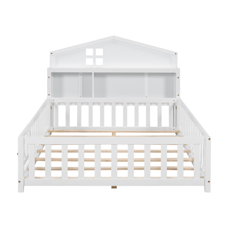 Full-size Montessori Floor Bed with Bookcase and Chalkboard, White