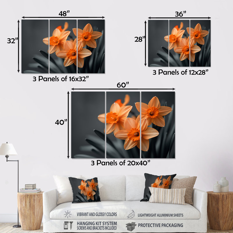 Monochromes tournesol sourire jonquilles I - ensemble d'art mural jonquilles, Métal métal, H 40 po x l 60 po x P 1 po
