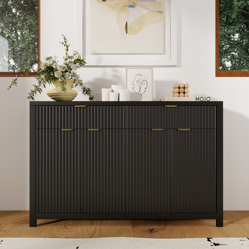 Wood Storage Sideboard With Wave-Pattern Doors,55'',Adjustable Shelves And Drawers,Modern Luxe Style, Black