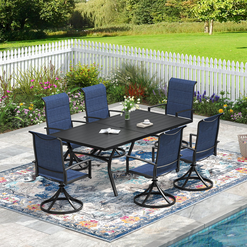 6-Person Outdoor Rectangular Patio Dining Set With Swivel Chair, Blue