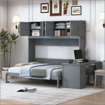 Lit escamotable mural avec bureau, tablettes de rangement et grandes armoires
