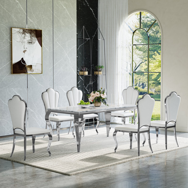 7-Piece Modern Dining Table Set with Faux Marble Top and Upholstered Chairs – Rectangular Table for 6, Stainless Steel Legs