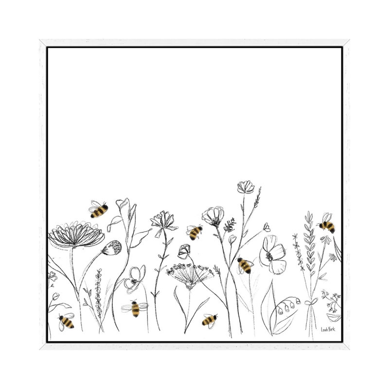 Bees And Botanicals Pattern IX by Leah York - Painting on Canvas, White Framed, 66.04cm H x 66.04cm W x 3.81cm D