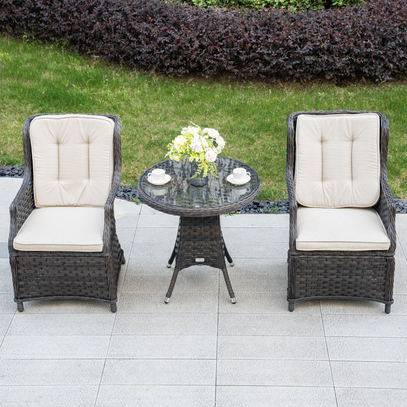 Ensemble bistro 3 pièces pour terrasse pour 2 personnes avec motif tissé, Beige, Brun