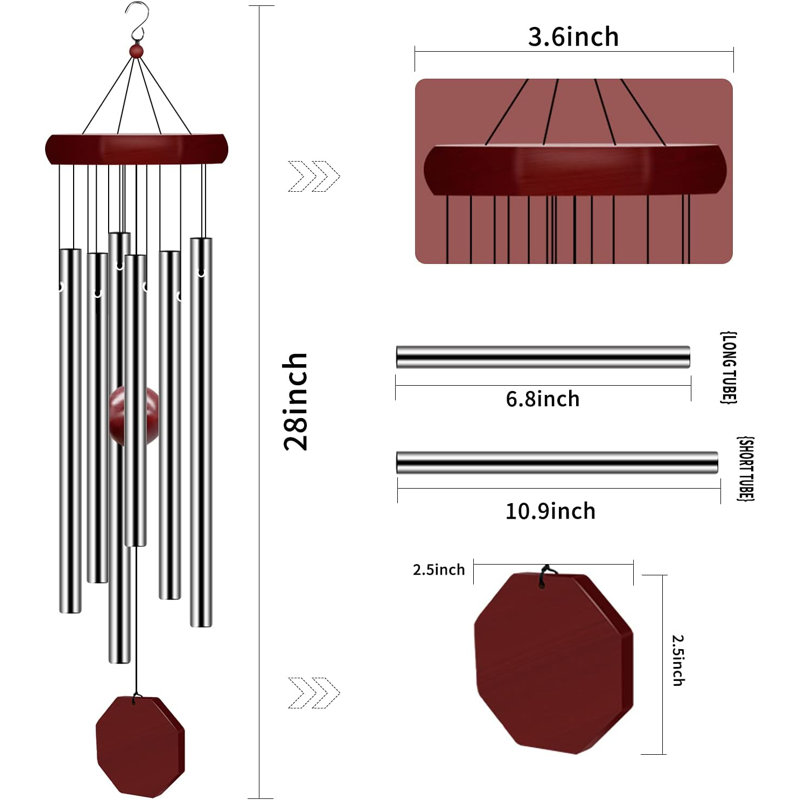 Carillon commémoratif 2 pièces, son extérieur de grande taille aux tons profonds, carillon de condoléances élégant, personnalisable, équipé de 6 tubes sonores, adapté aux jardins, patios, balcons et maisons.