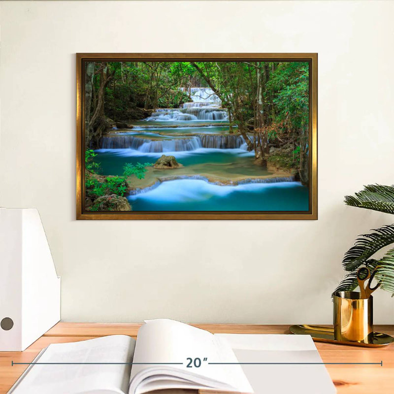 Cascade de la forêt de Kanchanaburi, Cadre flottant doré, 13 po x 9 po