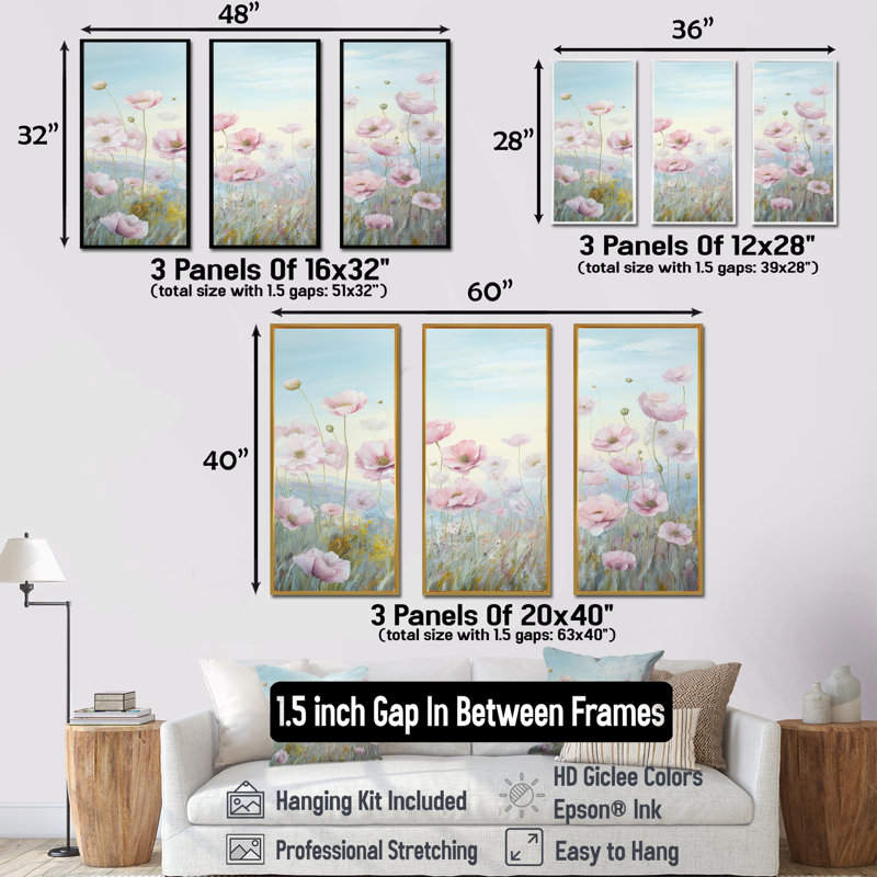 Pink Ranunculus Field In Mountain I - Ranunculus Wall Decor Set, Natural Floater Framed, 28" H x 36" W x 1" D