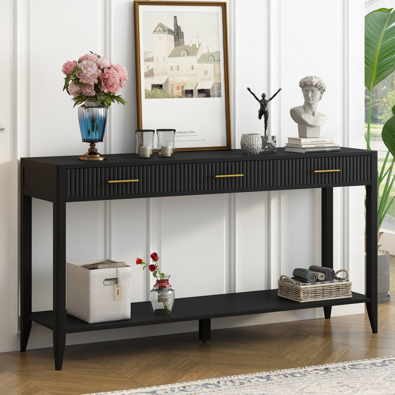 Dishaun 60" Wood Console Table Long Sofa Table with 3 Drawers, Black