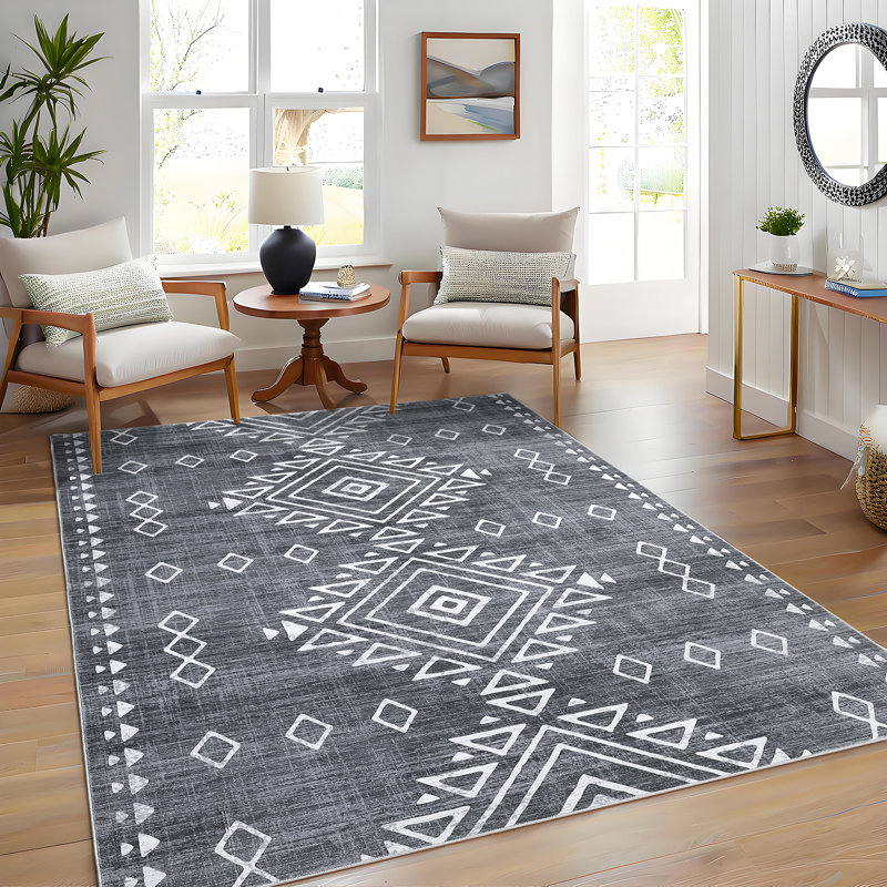 Boho Machine Washable Rug with Rubber Backing for Living Room Non-Slip Dining Room Rug Easy-Cleaning Floor Carpet for Bedroom Office Playroom_OKPHO_338N_Geometric_Gray