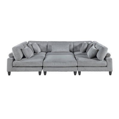 6Pc Modular Sectional Set Gray Corduroy Upholstery 3X Armless Chairs 2X Corner Seats 1X Ottoman Pillows Living Room Furniture