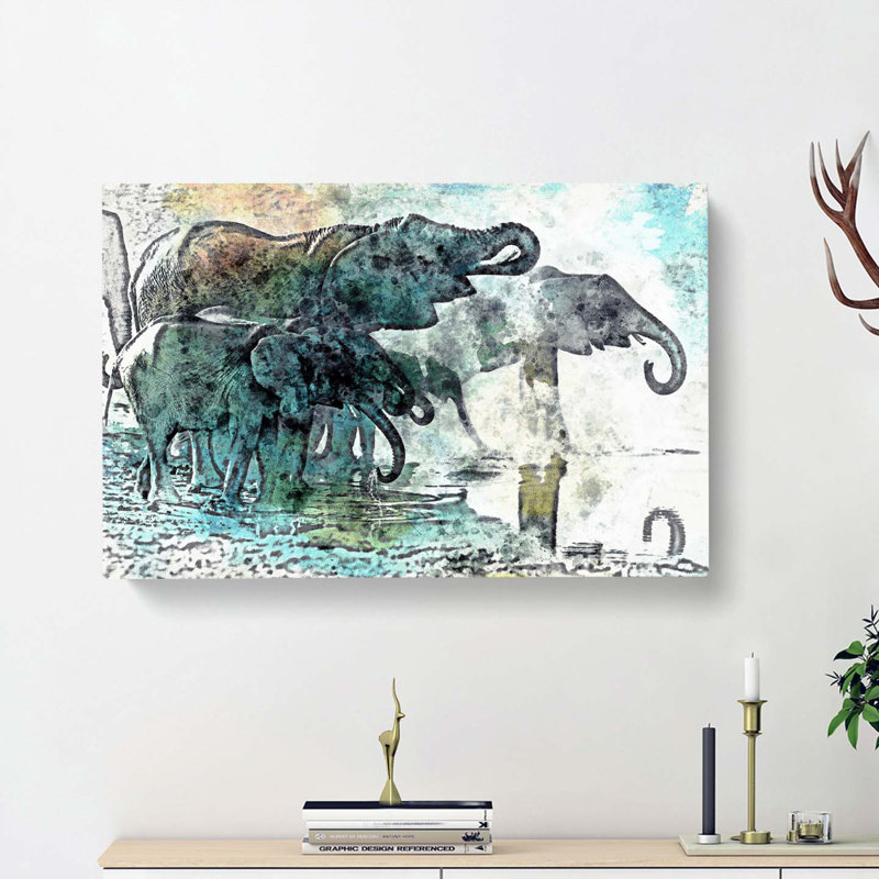 Elephants At The Waterhole In Abstract - Wrapped Canvas Painting, 40cm H x 60cm W x 3cm D