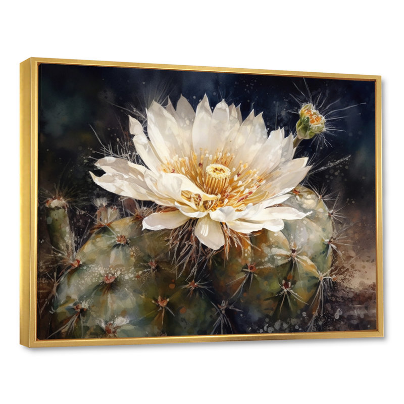 Ryul blanc, vert, fleur de cactus I, H 16 po x l 32 po x P 1 po, Cadre flottant doré