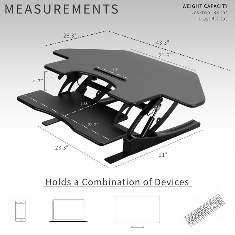 43" Black Steel Adjustable Standing Desk Converter