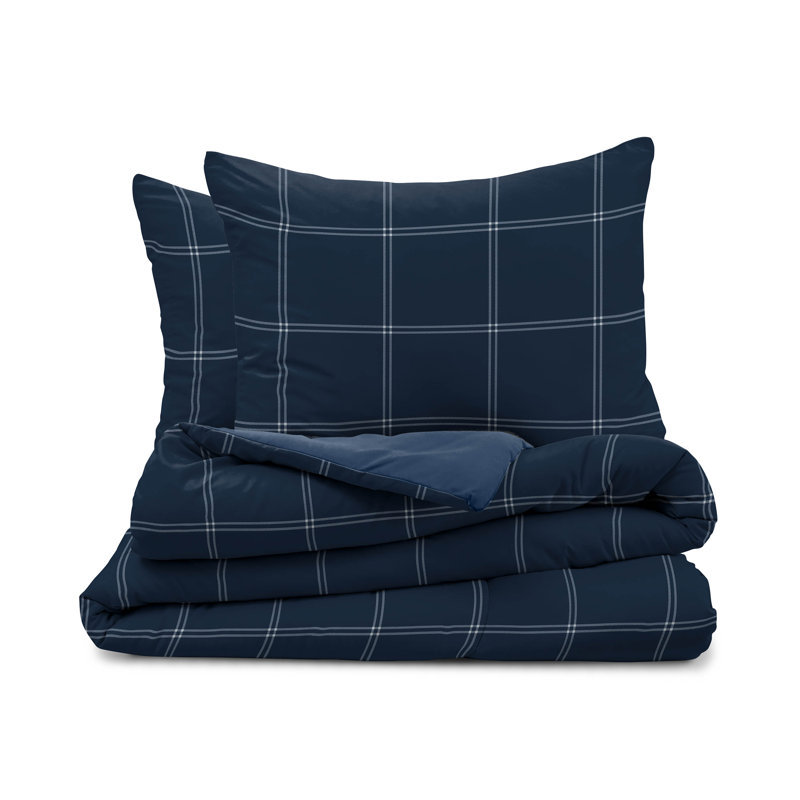 Martex Solid Color Reversible Comforter and Sham Bedding Set Super Soft Brushed Fabric, Navy Check