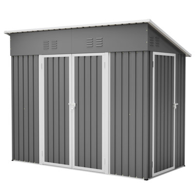 4X8 Slope-Roof Reinforced Storage Shed With Weatherproof Sloping Roof & 4 Air Vents, Heavy-Duty Sturdy Metal Frame, Left/Right Optional Door, Outdoor Tool Shed Warehouse For Garden Storage Pet House