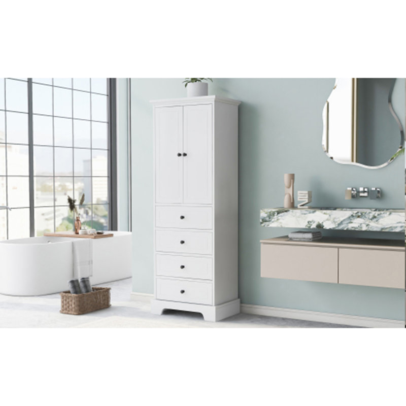 Armoire de rangement pratique avec 2 portes, 4 tiroirs et tablette réglable pour salle de bain / bureau, Blanc