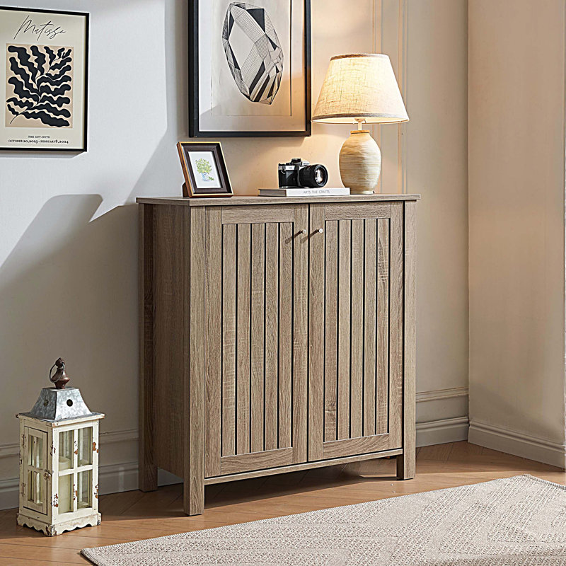Shoe Cabinet  With Two Doors, Slat Style Vented Doors Storage Cabinet With Four Shelves