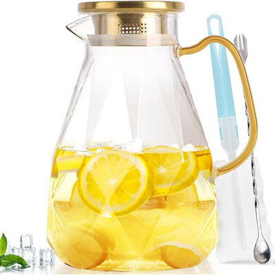Glass Pitcher, Water Pitcher With Lid, Iced Tea Pitcher For Fridge, Glass Water Carafe With Lid, Glass Water Jug, Small Drink Pitcher For Juice