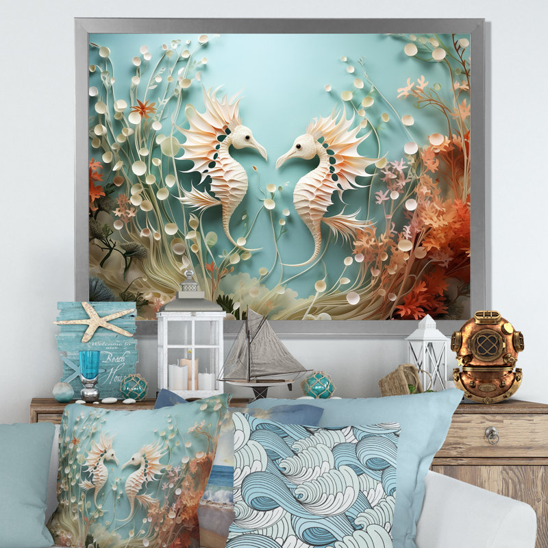 Aquarelle, dessin de danse des dragons de mer - plage et océan, art mural dans le salon, Cadre simple argenté