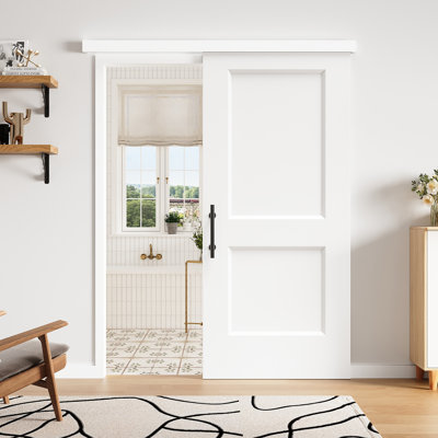 Pre-assembled Panel, 80''H Hidden Track Sliding Barn Door White Finish Manufacture Plank Wood Closet Pantry Door with Installation Hardware（Includes black round handle）